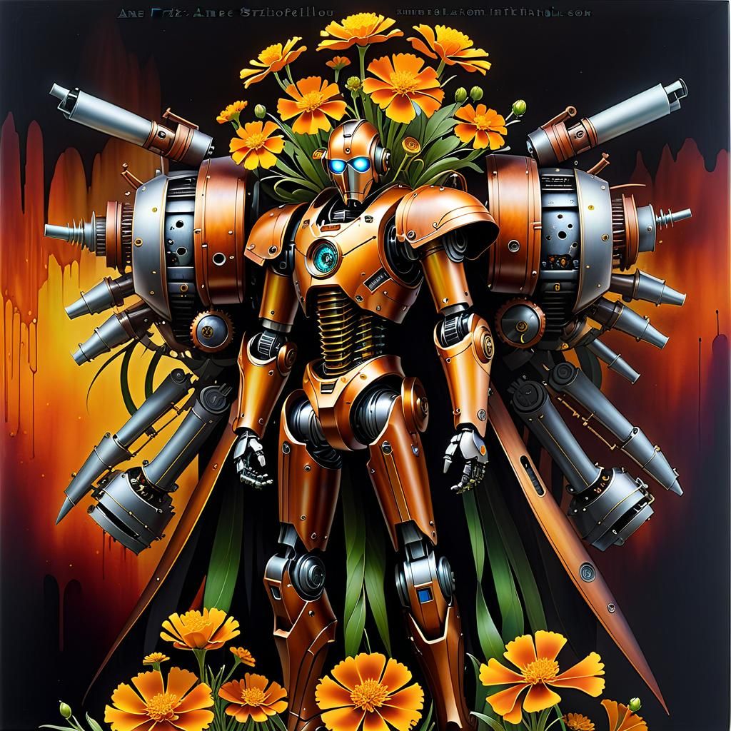 Mechanical Robot Flowers in Alcohol-Ink Style