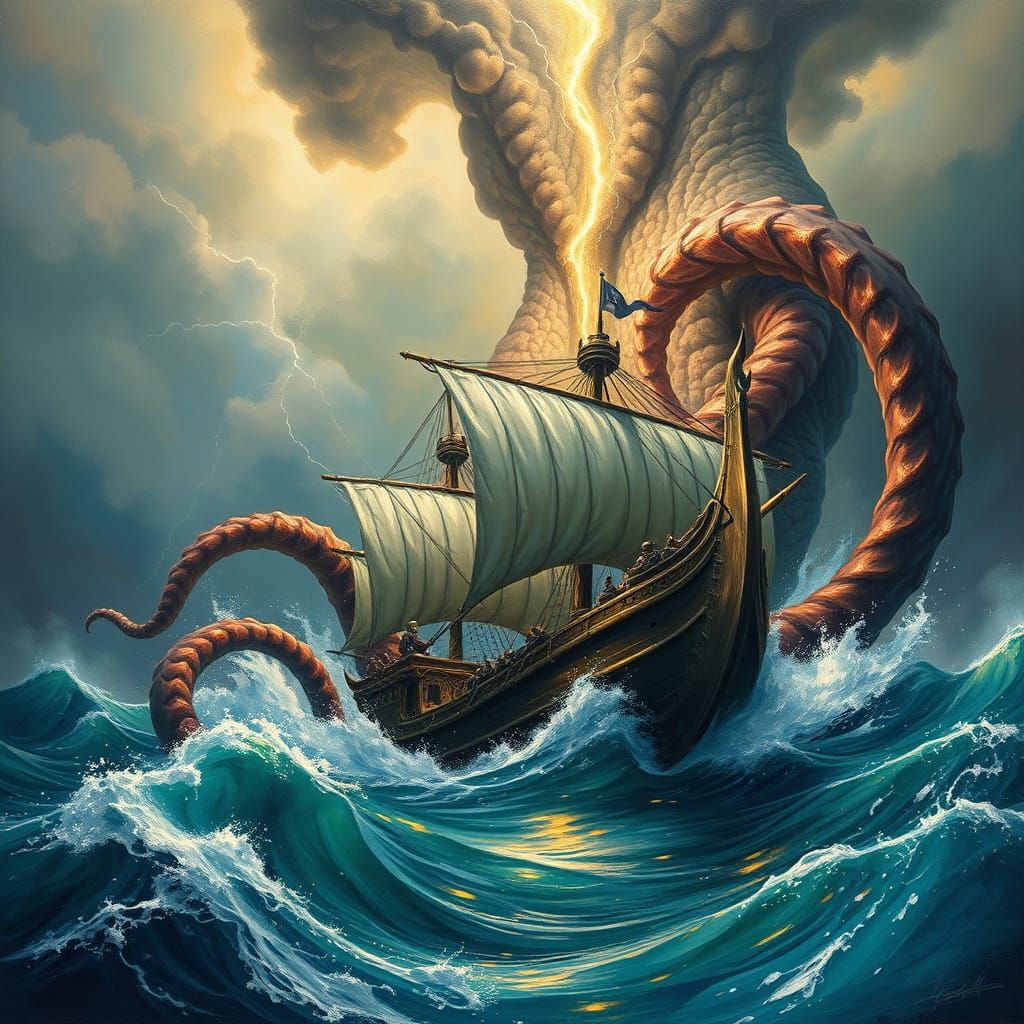 Kraken Emerges from the Depths in a Stormy Ocean