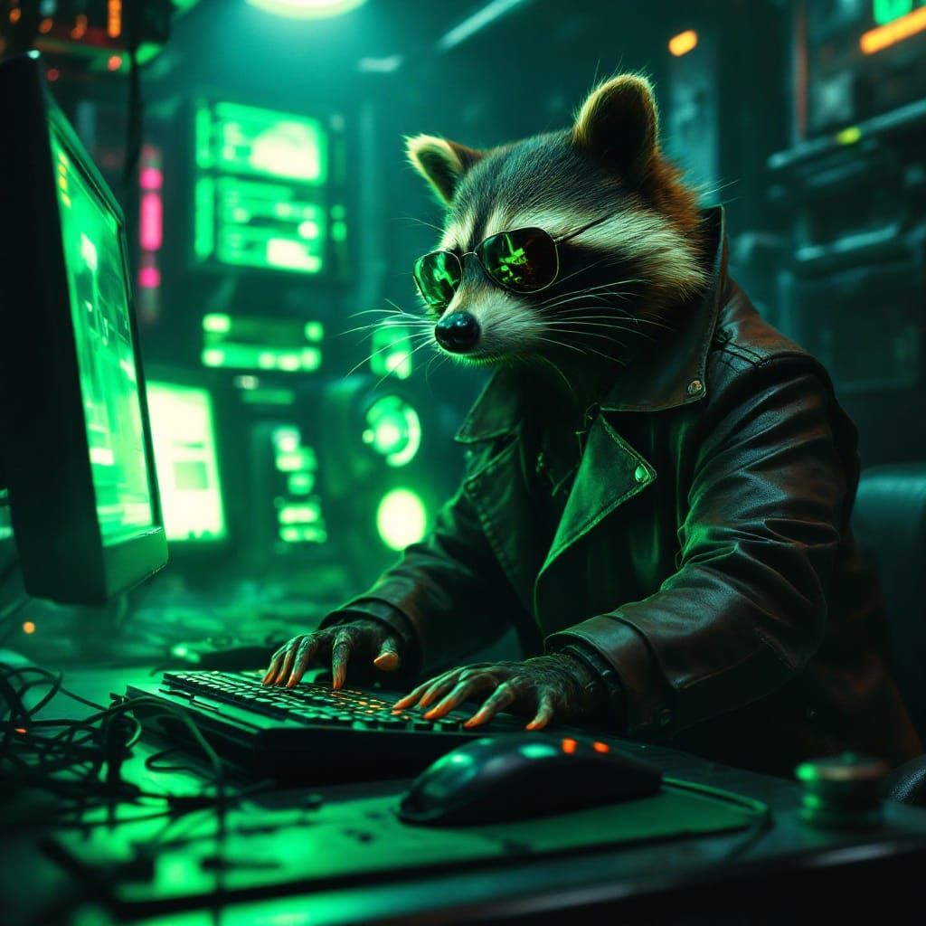 Raccoon Typist in Dark, Neon-Lit Cyberpunk Lair