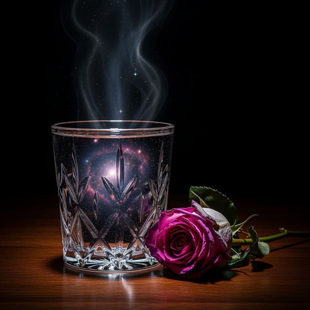 Symbolic Still Life: Crystal Glass with Nebula and Wilting R...