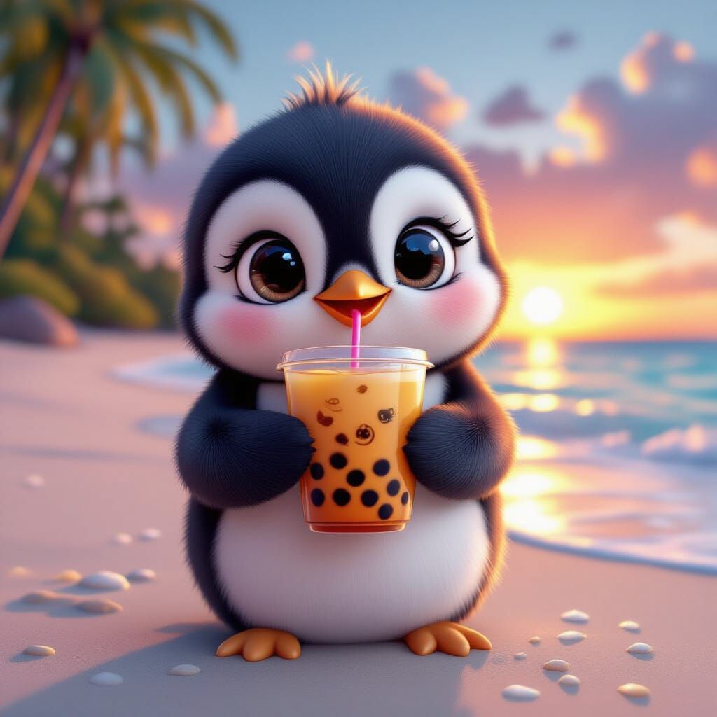 Adorable Penguin Enjoys Bubble Tea on Tropical Beach at Suns...
