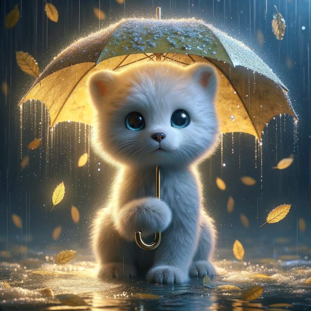 Polar Bear Kitten with Leaf Umbrella in Rain