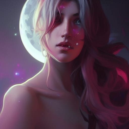 Detailed Portrait of a Moon Witch in Art Nouveau Style