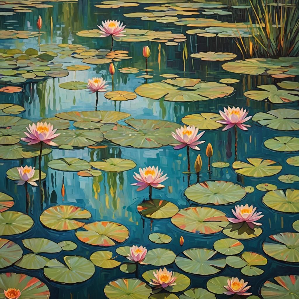 Abstract Impressionist Water Lilies in Sunset Hues