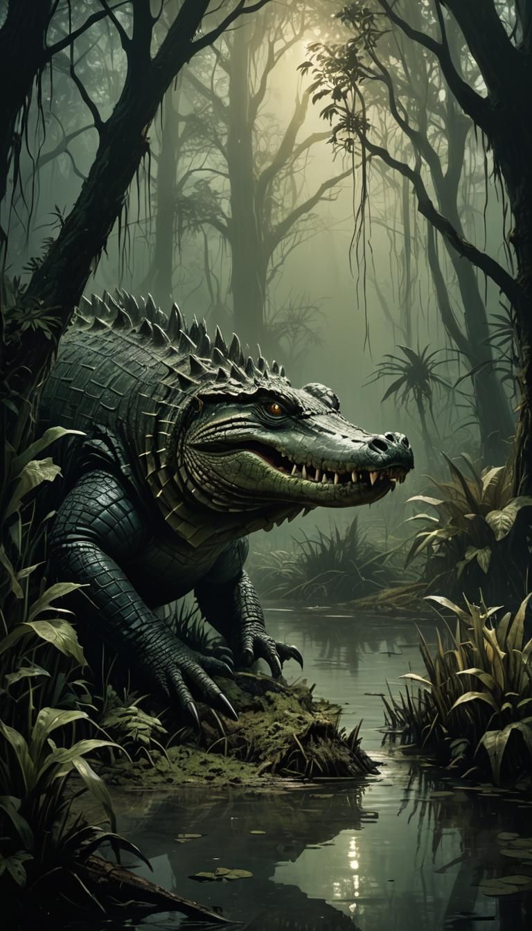 Swamp Crocodile and Porcupine in Dark Fantasy Style