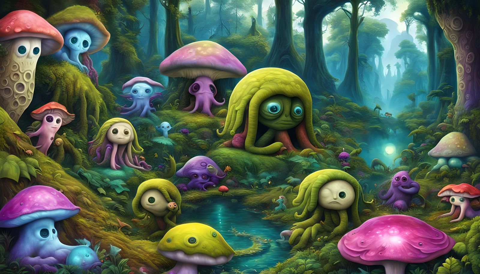 Cute Eldritch Mushroom Fairies in Fantasy Jungle