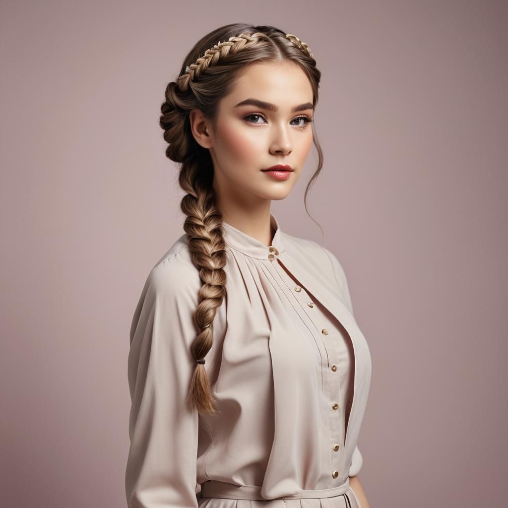 Elegant Woman with Halo Braid in Studio Setting