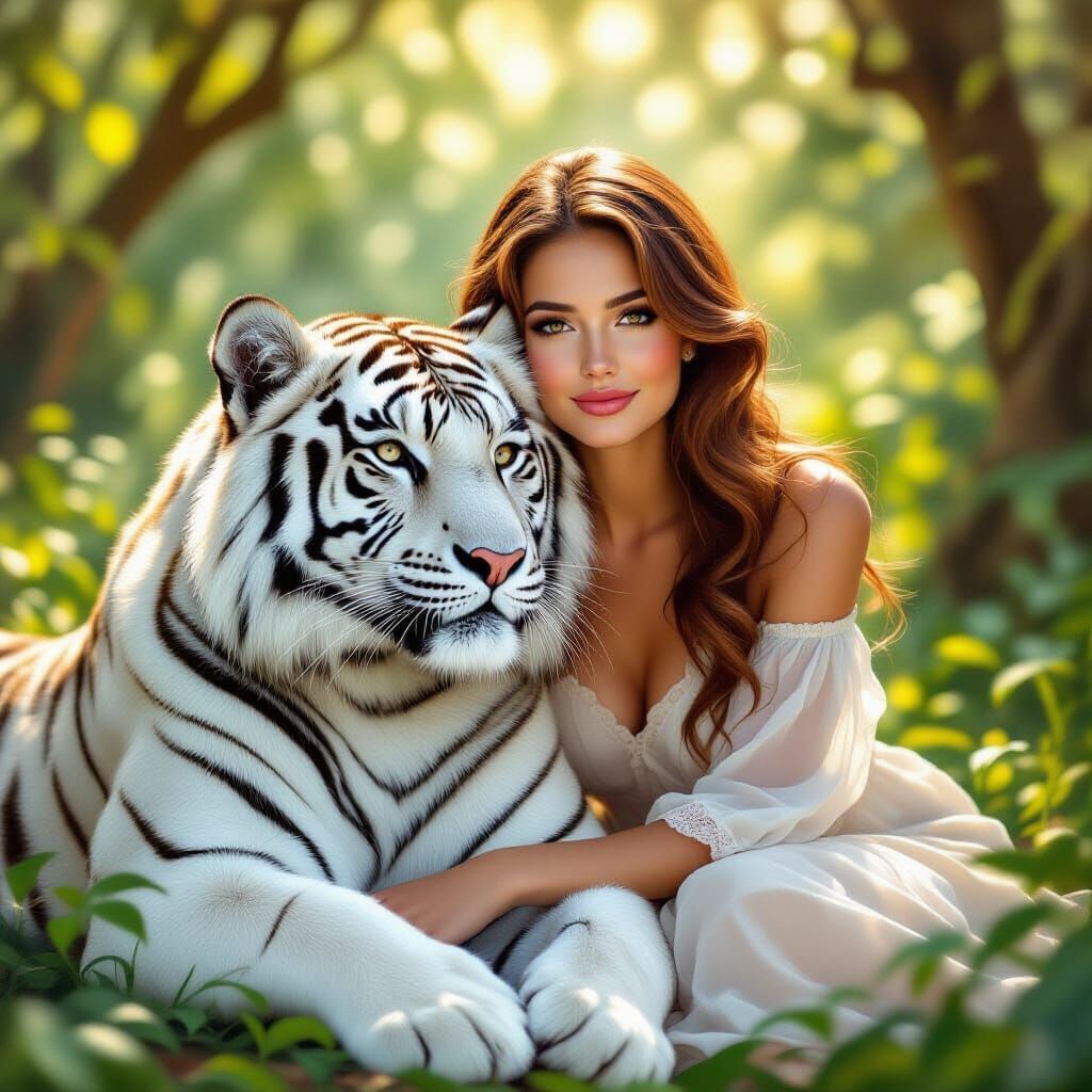 Elena and White Tiger in Sun-Dappled Forest