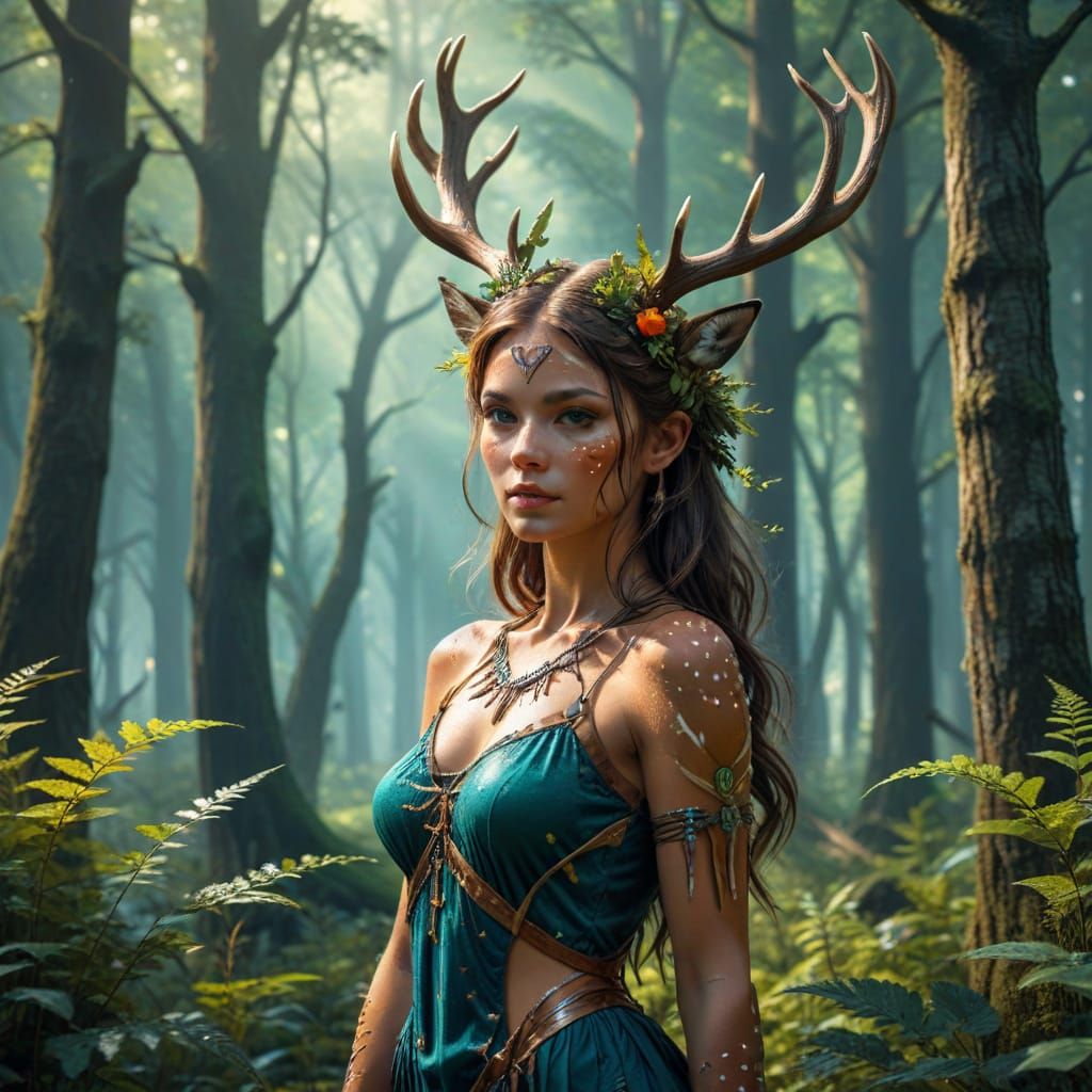 Deer Woman in a Vibrant Forest Fantasy