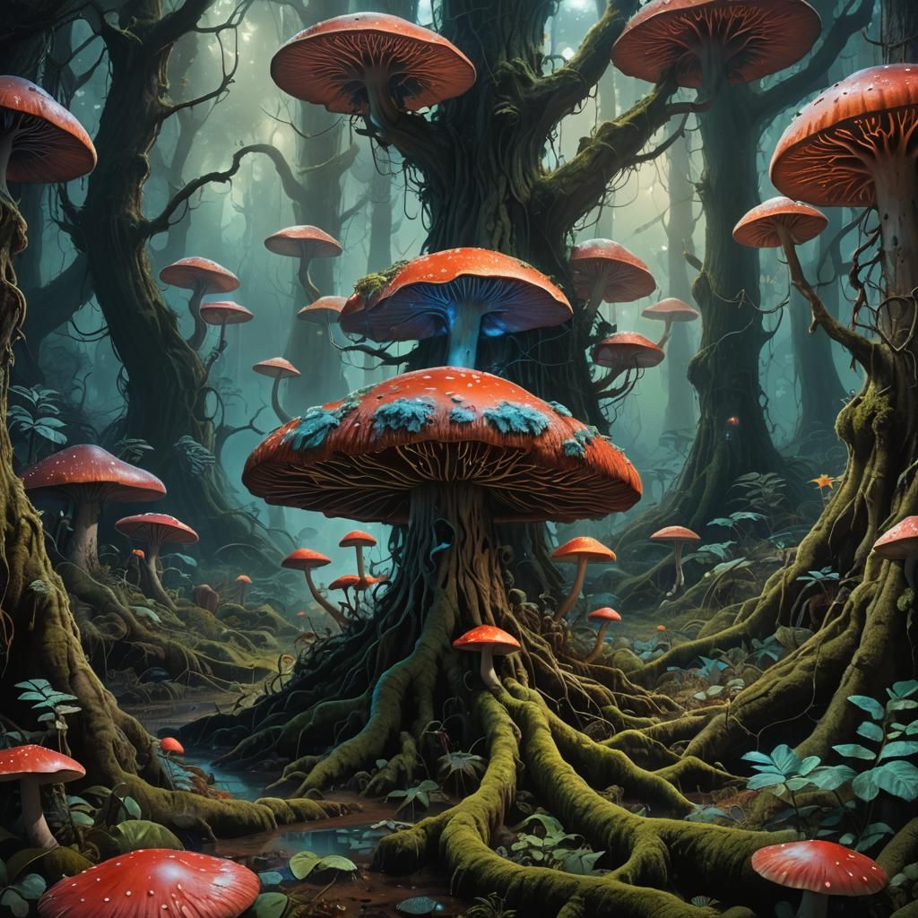 Giant Glowing Mushroom in Mystical Forest