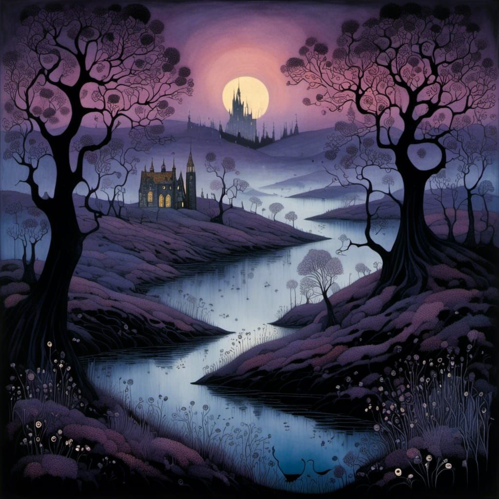 Misty Moor at Twilight: Intricate Dark Fantasy Illustration
