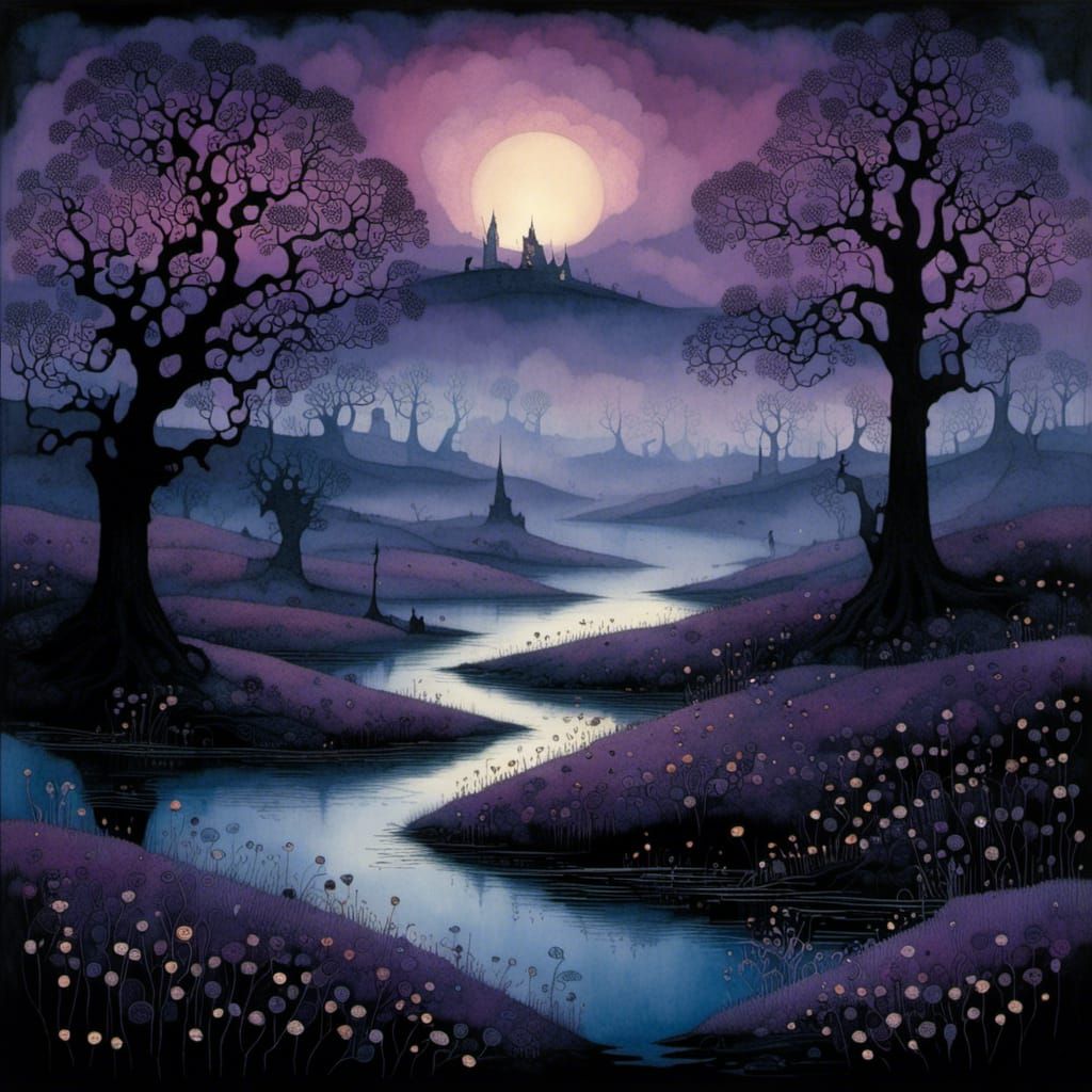 Ethereal Violet Landscape in Whimsical, Intricately Detailed...