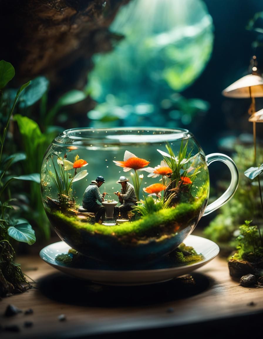 Fisherman in Teacup Terrarium: Intricate, Stylized Art
