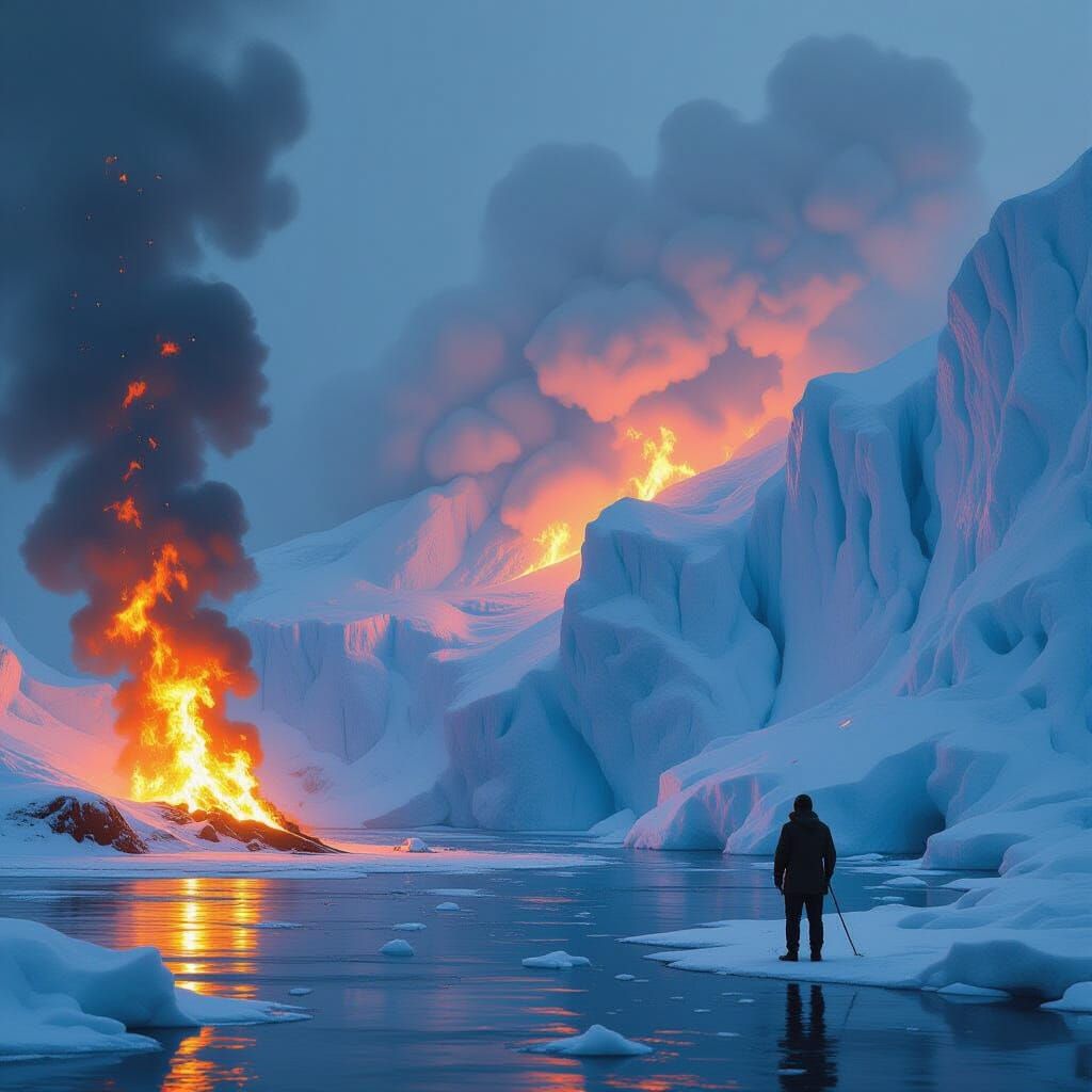 Dramatic Fire and Ice Scene with Melting Iceberg