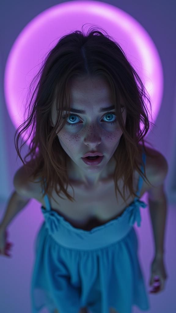 Panicked Woman Runs Towards a Closed Purple Portal