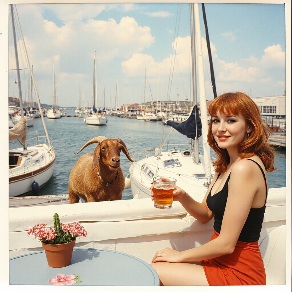 Vintage Polaroid of Pin-Up with Goat and Sailboats