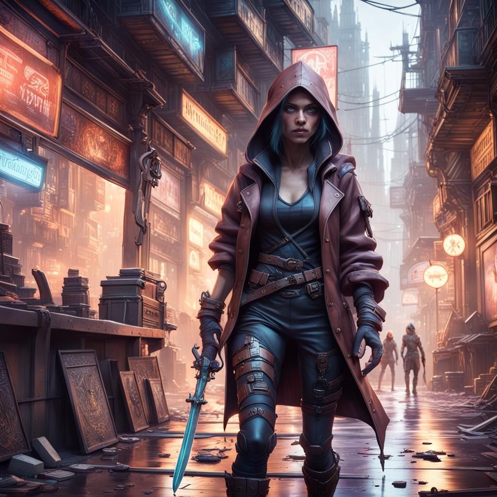 Cyberpunk Thief in a Grim Dark Cityscape