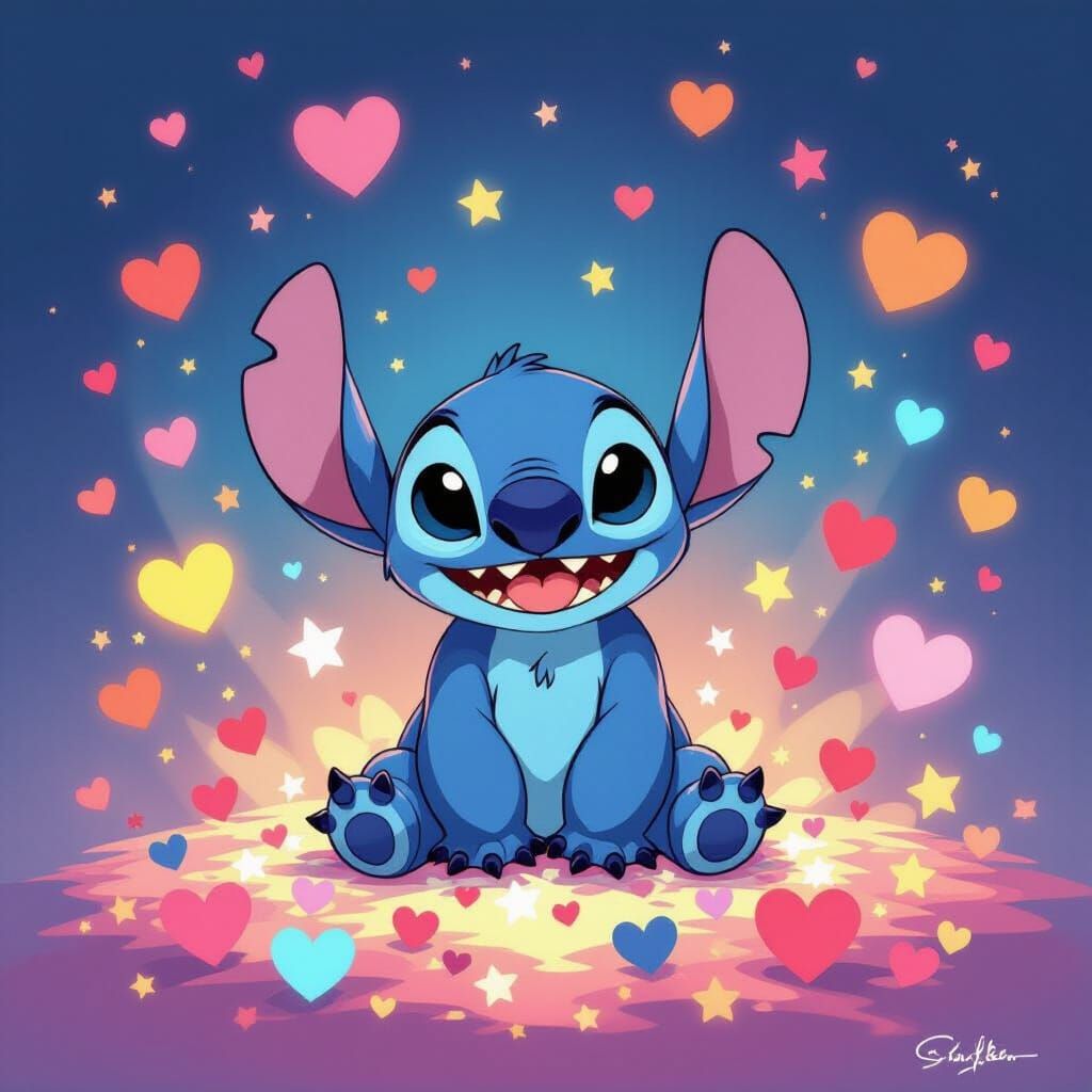 Stitch Surrounded by Hearts and Stars in Anime Style