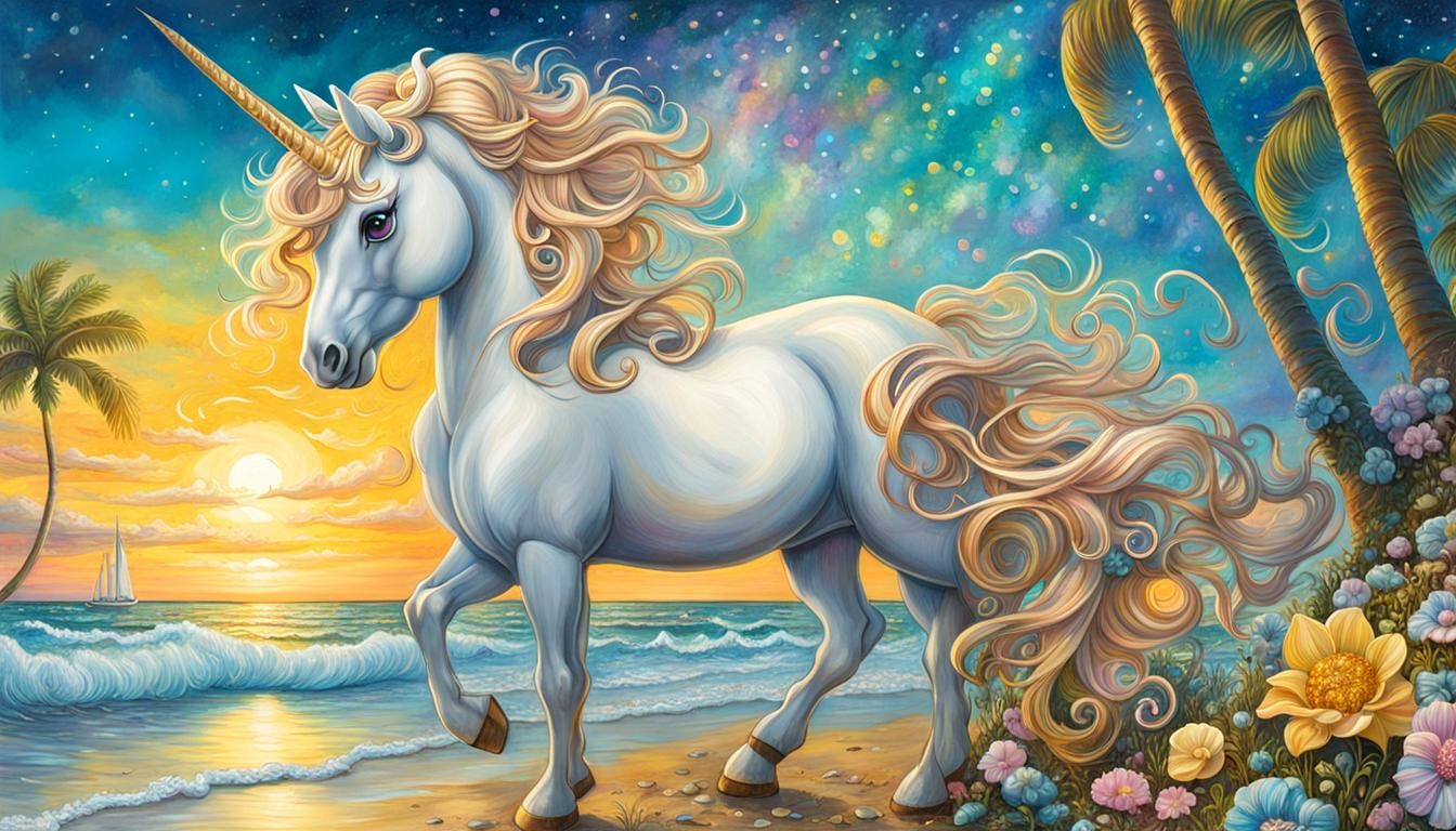 Chibi Unicorn at the Beach in Glitter Colors