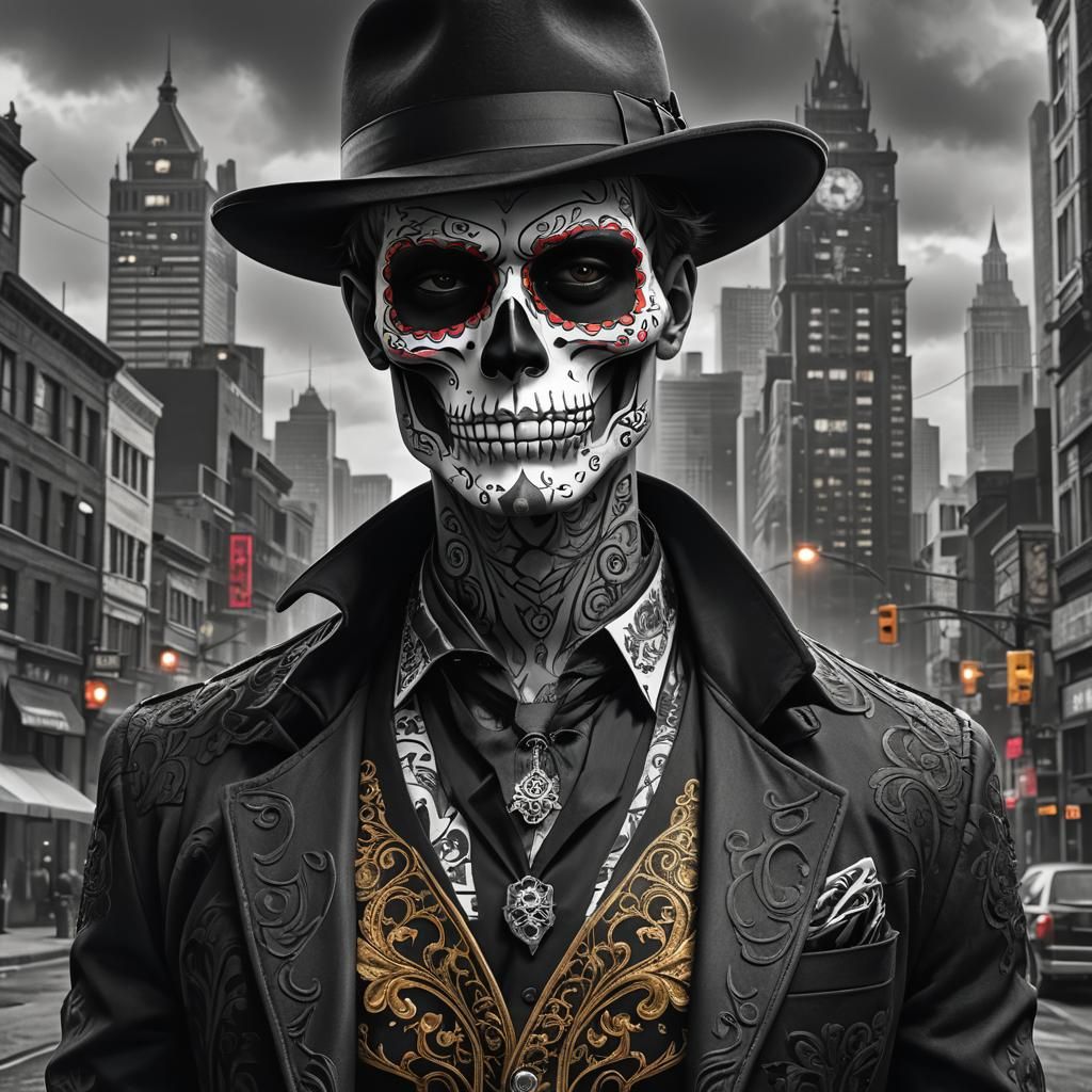 Sugar Skull Gangster in Fedora: Gothic Fantasy Art