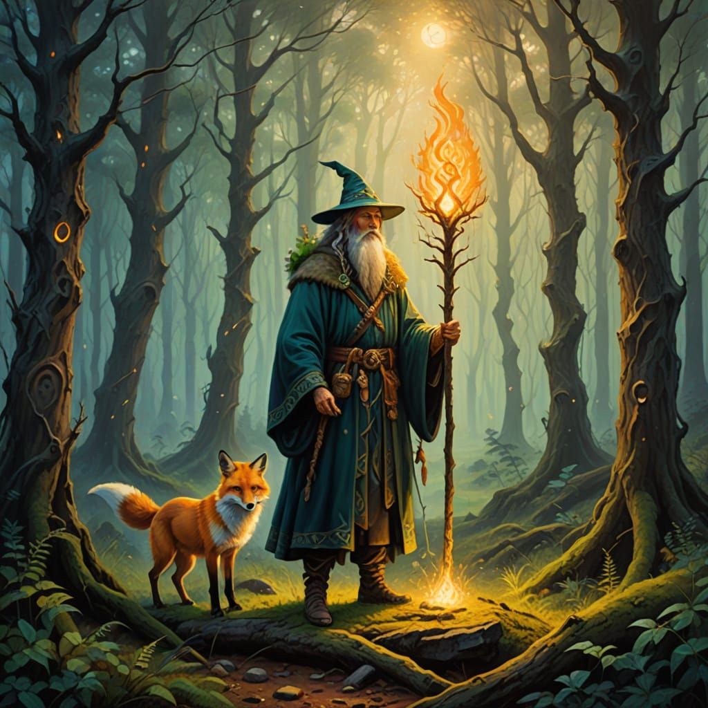 Druid Sorcerer with Magical Fox Companion in Forest