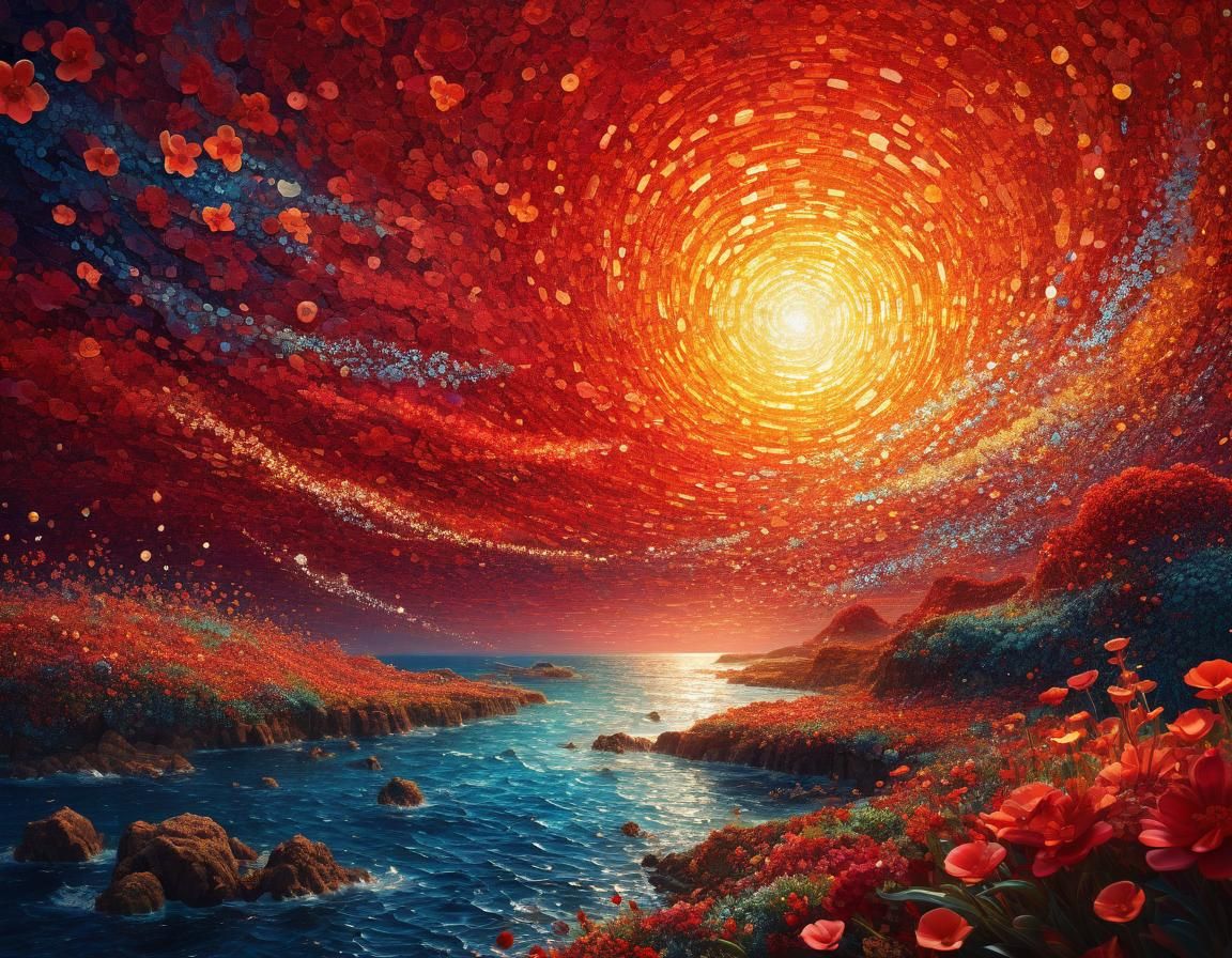 Ethereal Abstract Art with Fiery Red Floral Elements