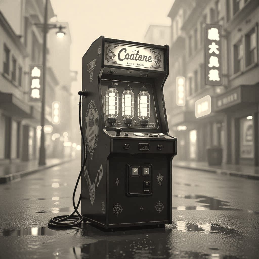 Retro-Futuristic Arcade Cabinet in Cyberpunk Metropolis