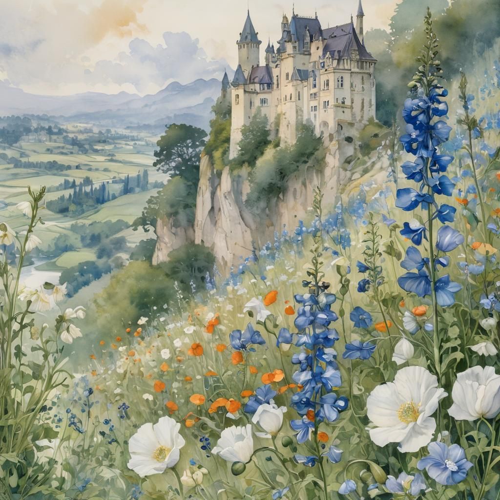 Floral Watercolor Illustration with Castle in Background