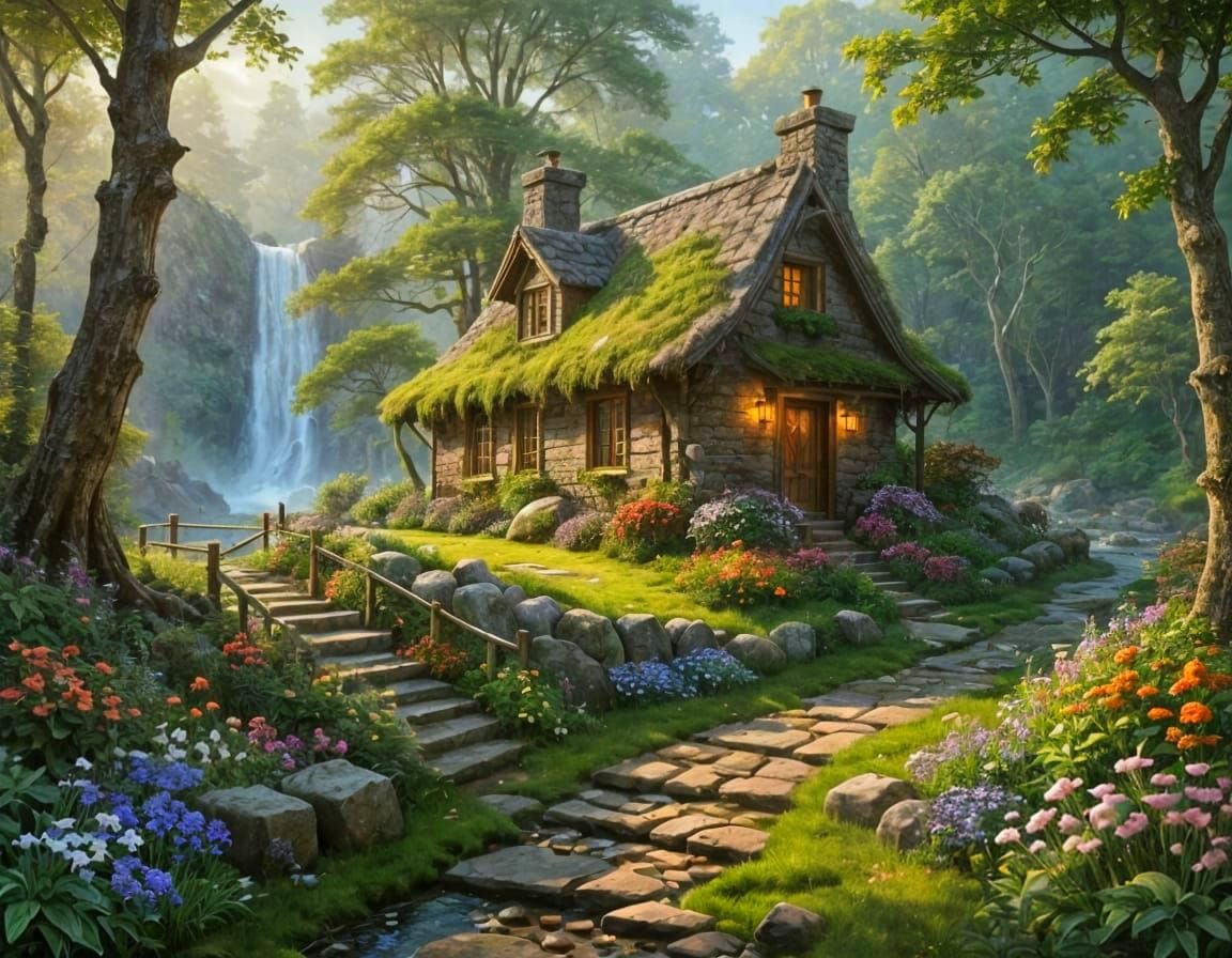 Idyllic Cottage Beside Waterfall in Forest Glen
