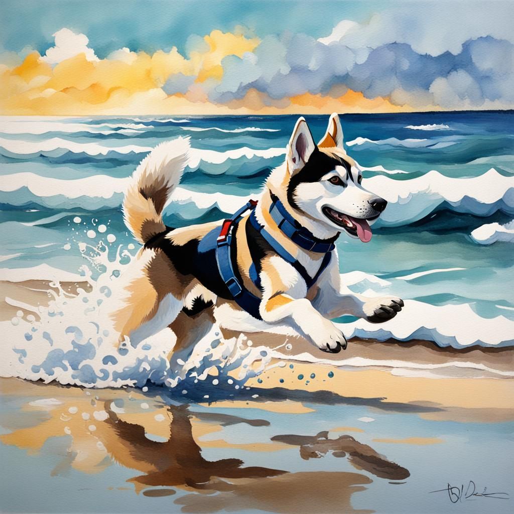 Husky Dog Running on Beach: Gouache Painting