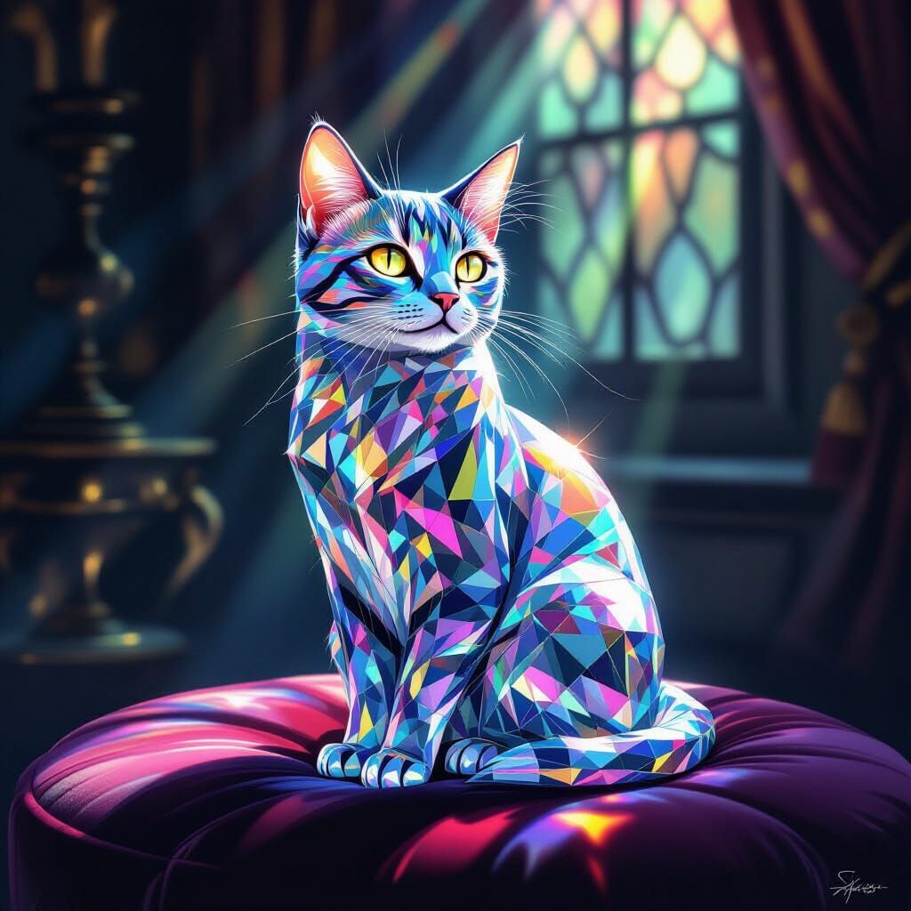Prism Cat Refracts Light in Kaleidoscopic Colors