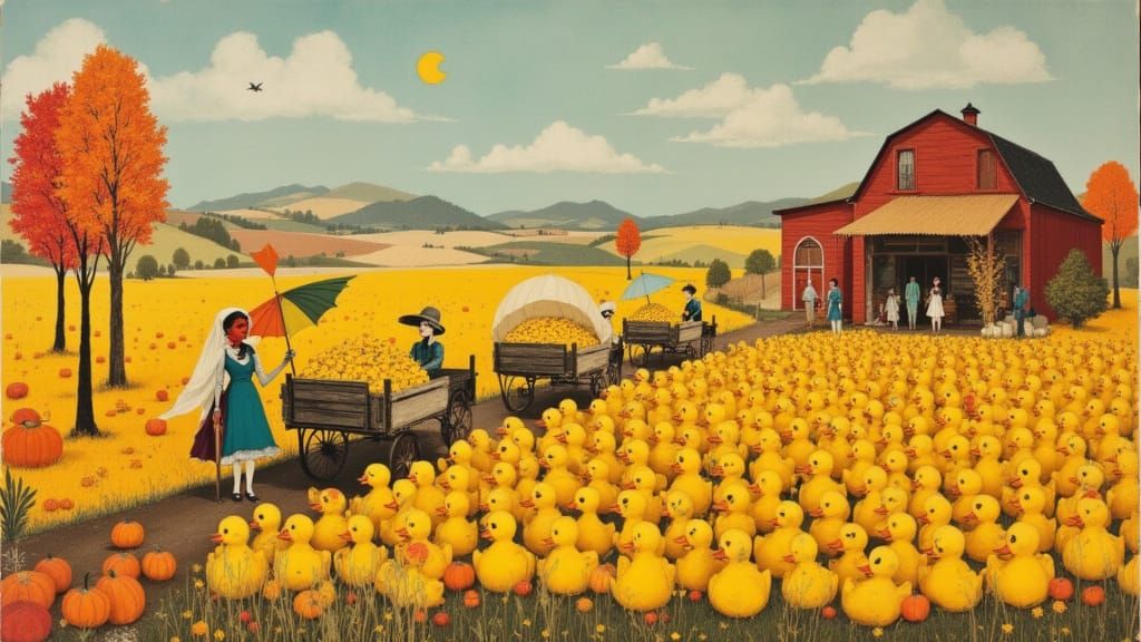 Folk Art Autumn Harvest at a Rubber Ducky Farm