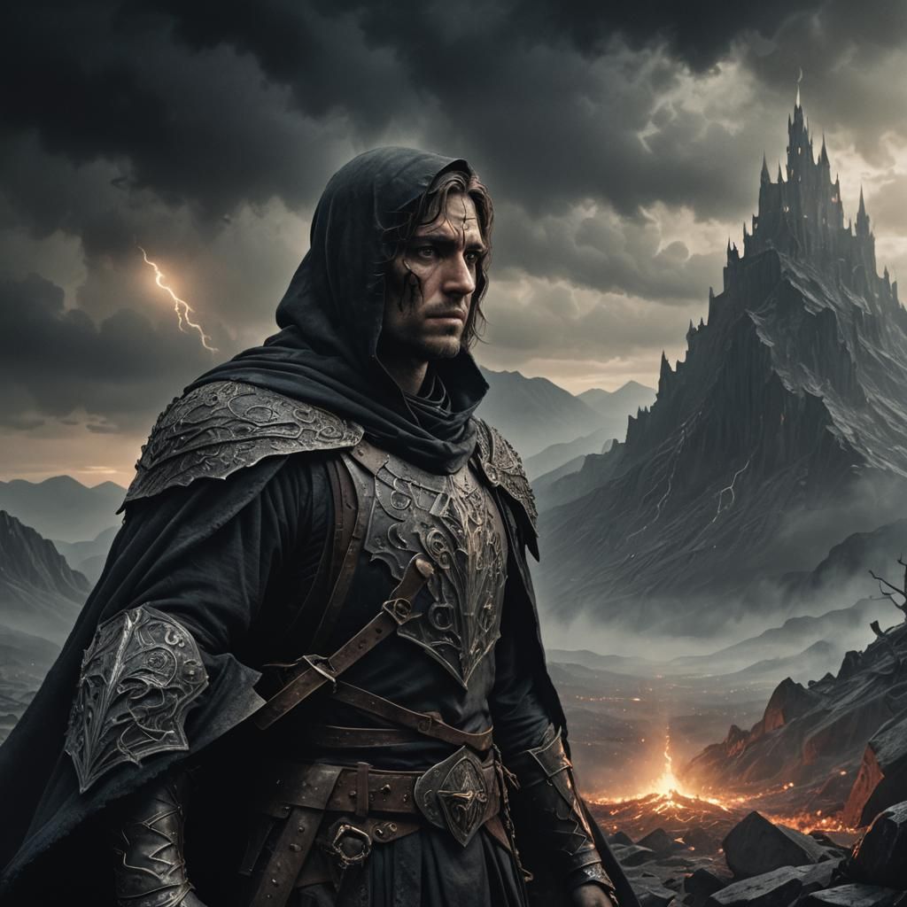 Dark Fantasy Hero in Eerie Landscape