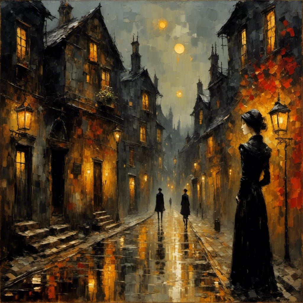 Sorrowful Eyes in Alleyway Bonfire, Impasto Art