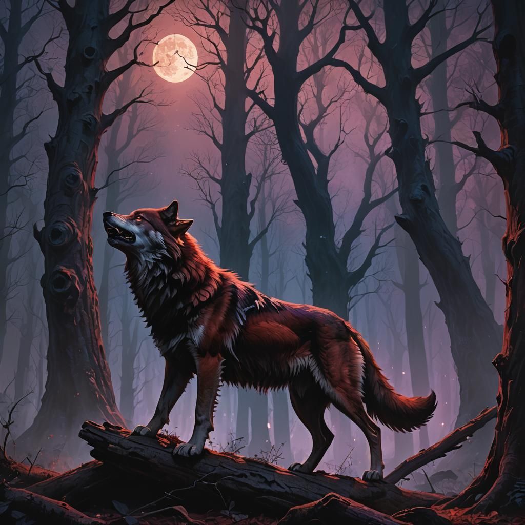 Blood Wolf Howling in Mystical Forest