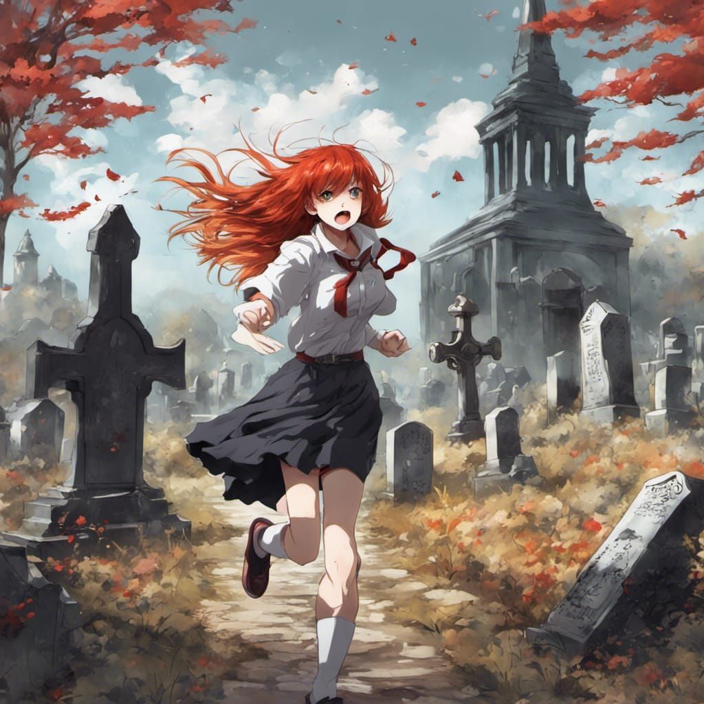 Anime Girl Running Through Graveyard