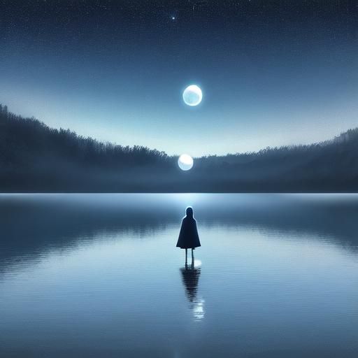 Dreamy Surrealist Lake with Moonlit Figure