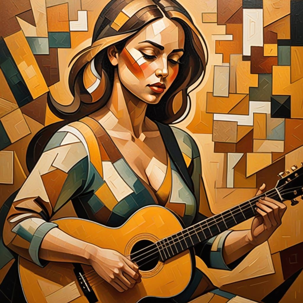 Cubist Woman with Guitar in Oil Painting Style