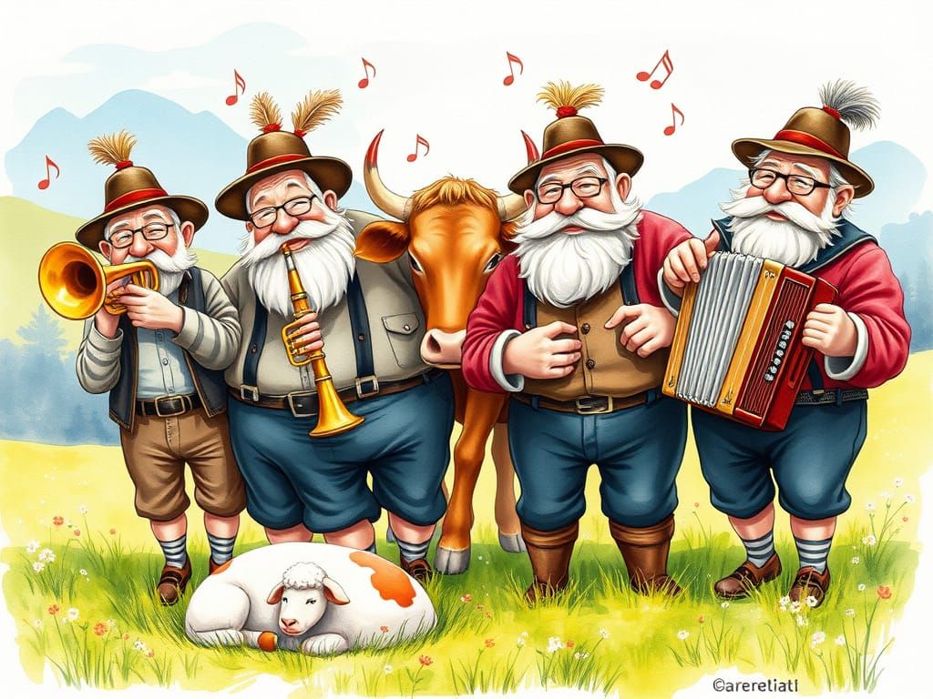 Cartoon German Folk Band in Gouache Style