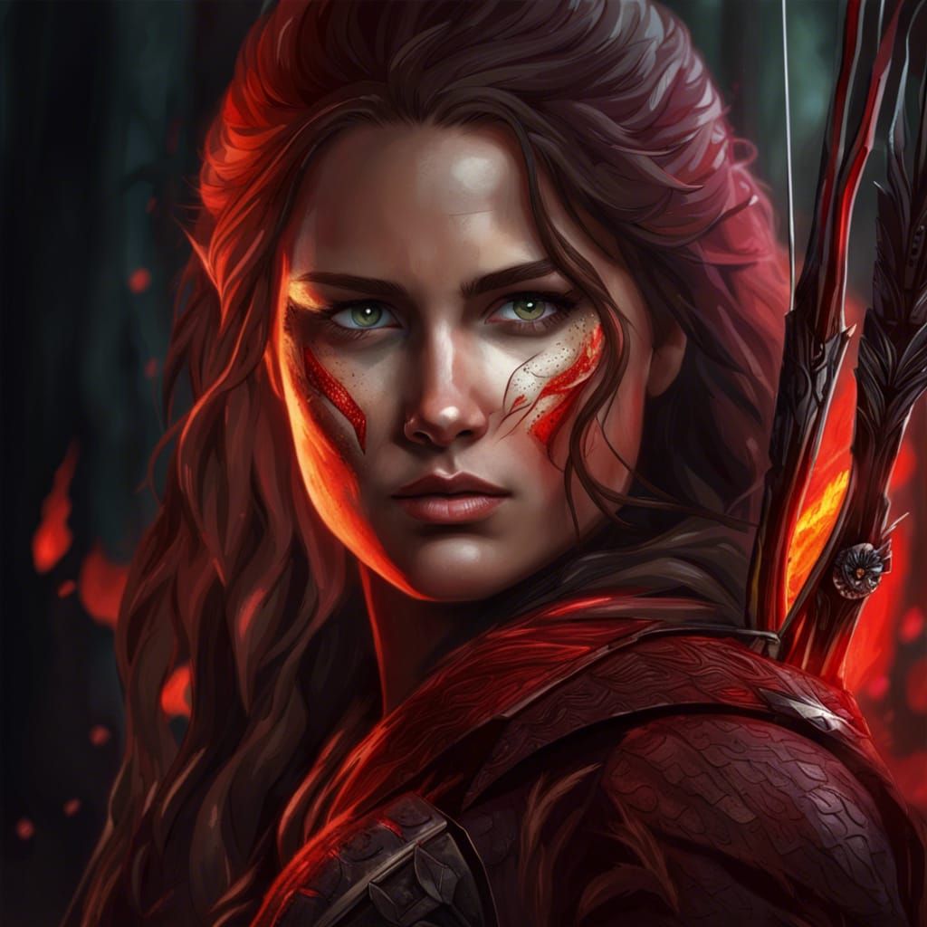 Brave Huntress in Red Forest, Concept Art Portrait