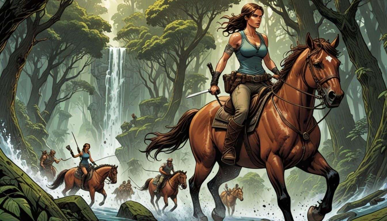 Tomb Raider Adventurer Rides Horse in Epic Comic Book Style