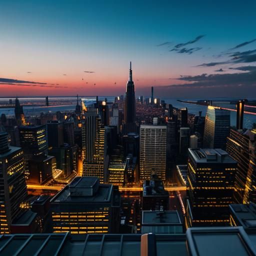A city skyline at dawn from a rooftop