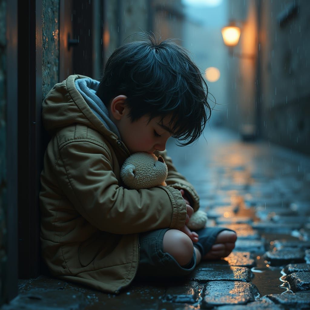 Melancholic Boy in Rain with Teddy Bear