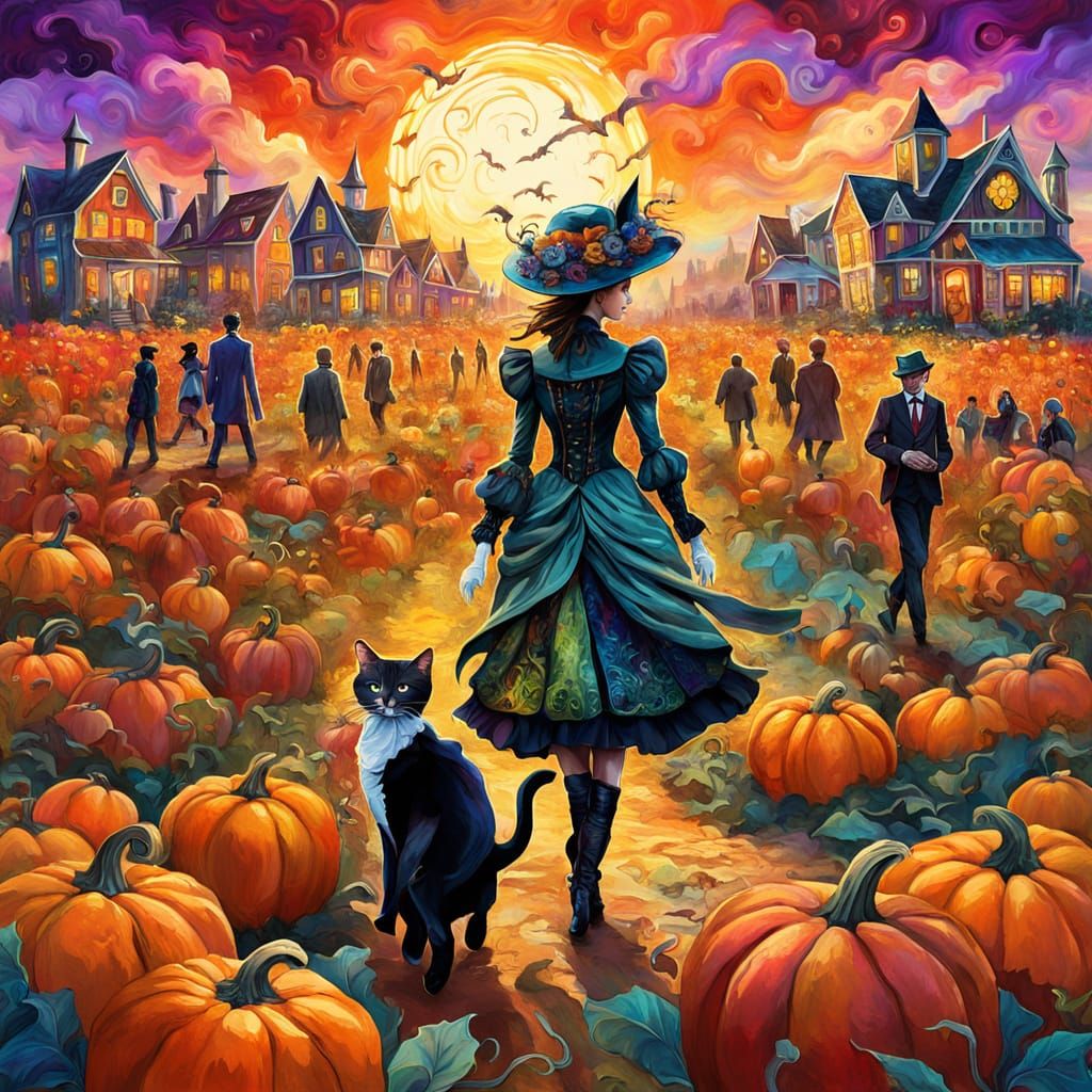 Fantasy Cat People in Pumpkin Patch at Sunset
