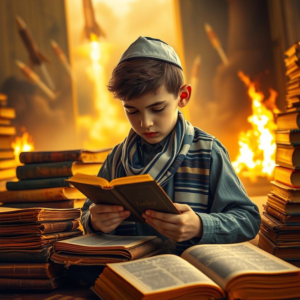 Jewish Boy Studies Torah Amidst Dystopian Backdrop