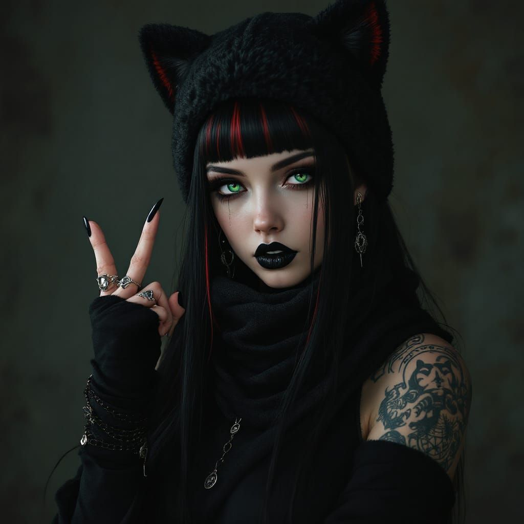 Goth Woman with Piercings and Cat Ear Plush