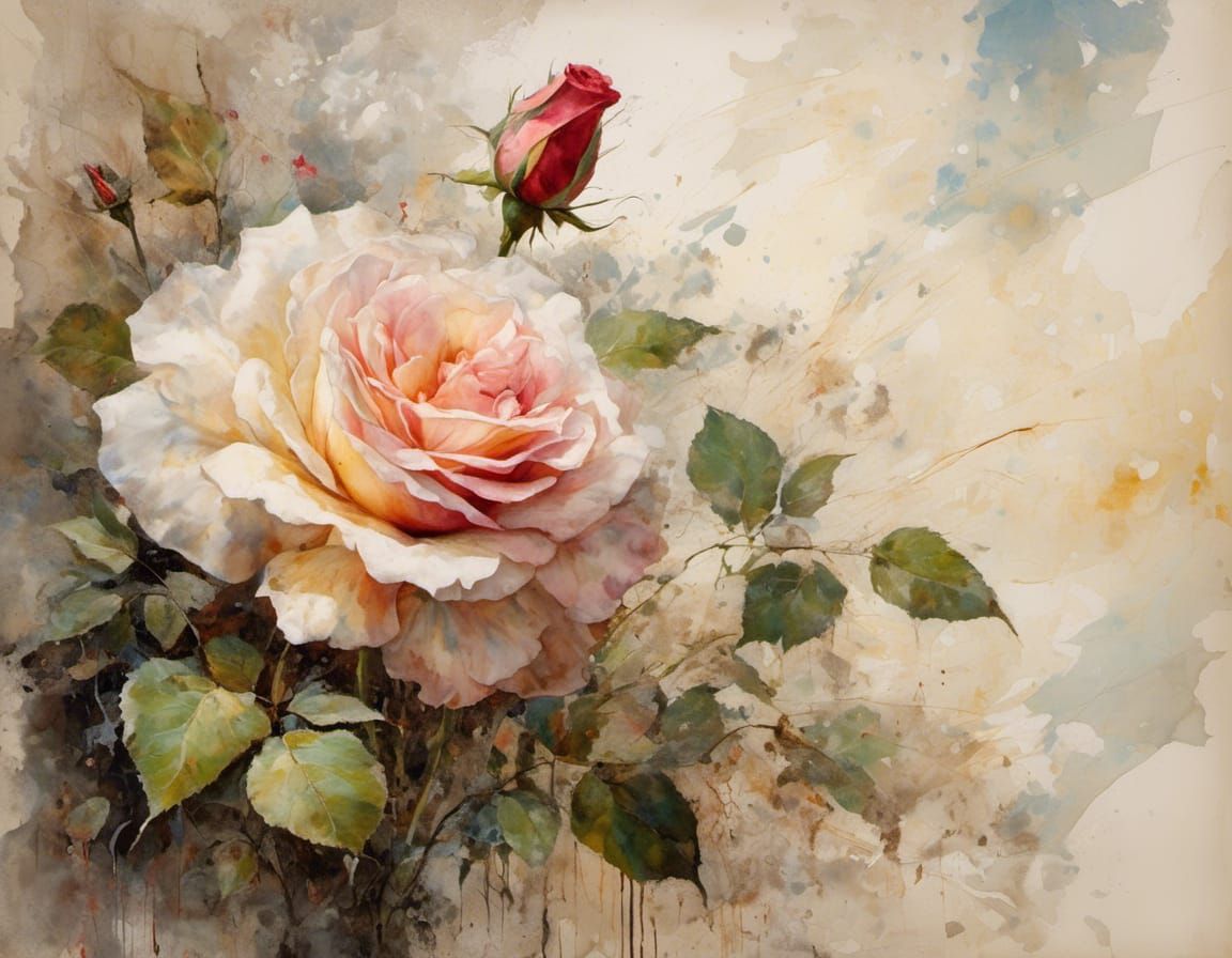 Rose Oil Painting with Vintage Paper Texture