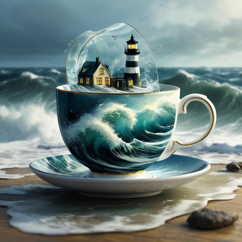 Lighthouse in Teacup: Dreamy Digital Art