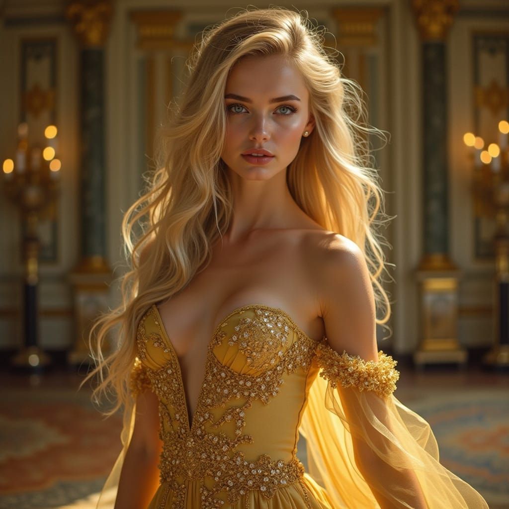 Ethereal Woman in Gold Gown, Classical Ballroom Elegance
