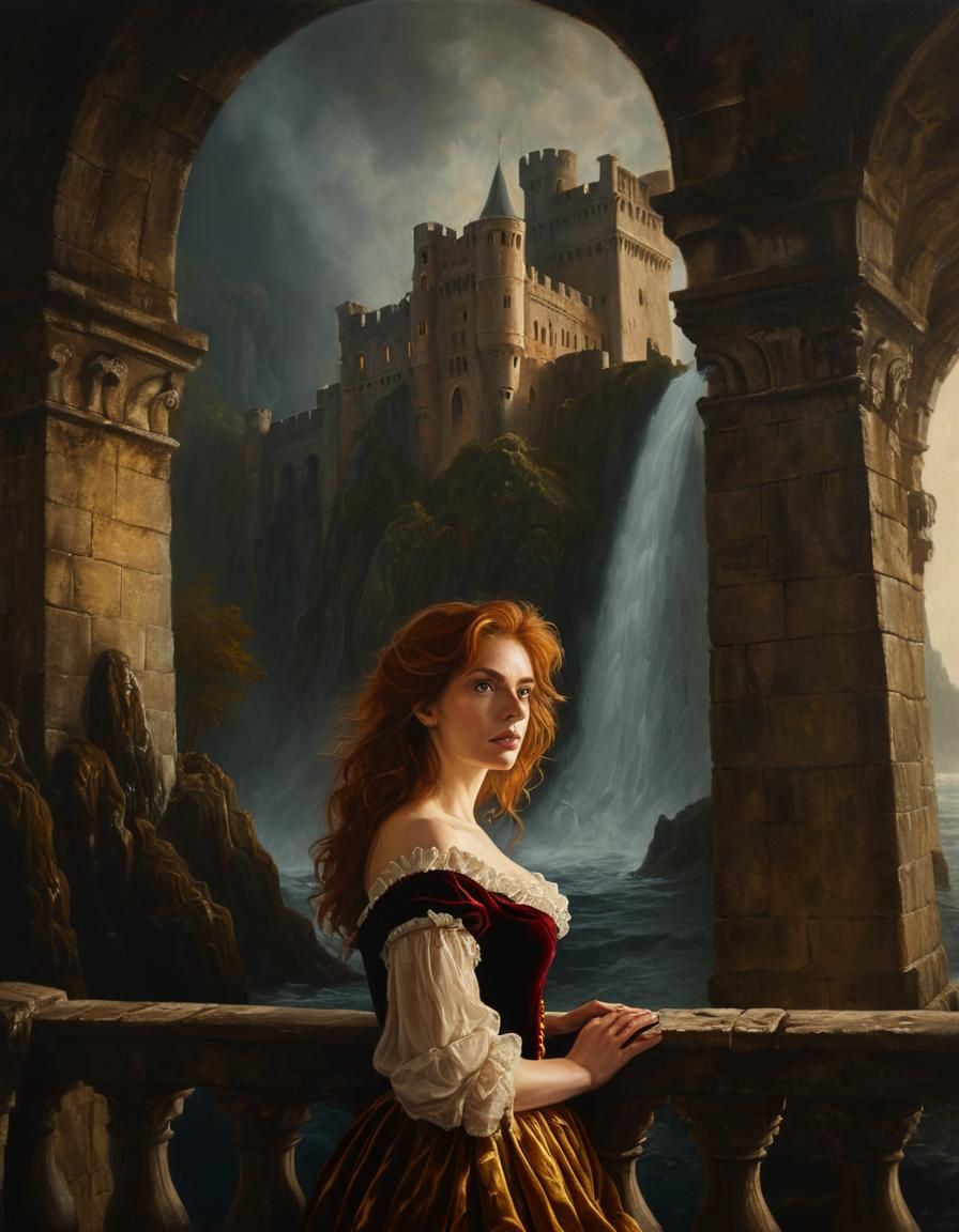 Baroque Woman Overlooking Ships in Golden Light